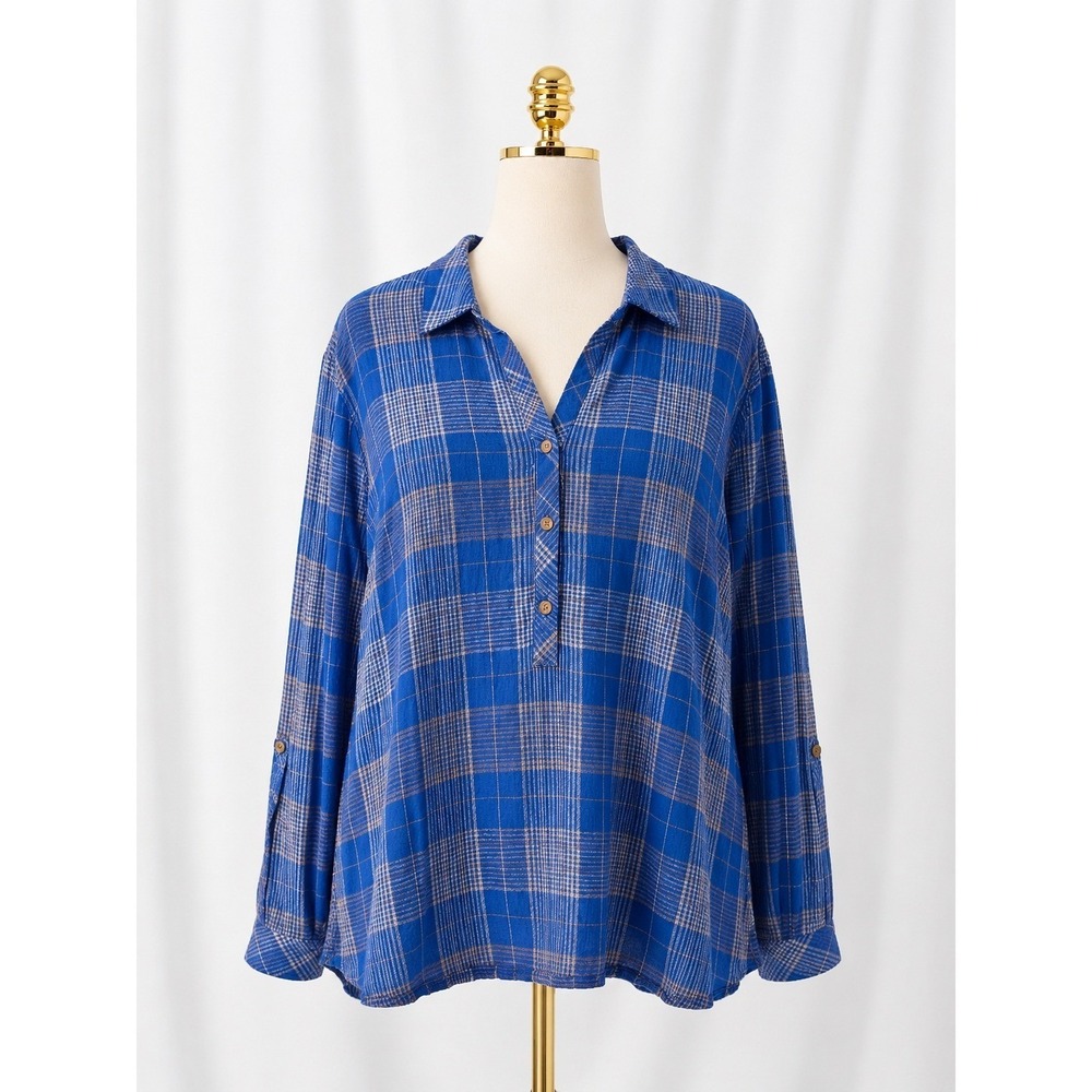 J. Jill Plaid‎ Henley Popover Top 2X Blue Plaid Roll-Tab Sleeve Rayon Cotton